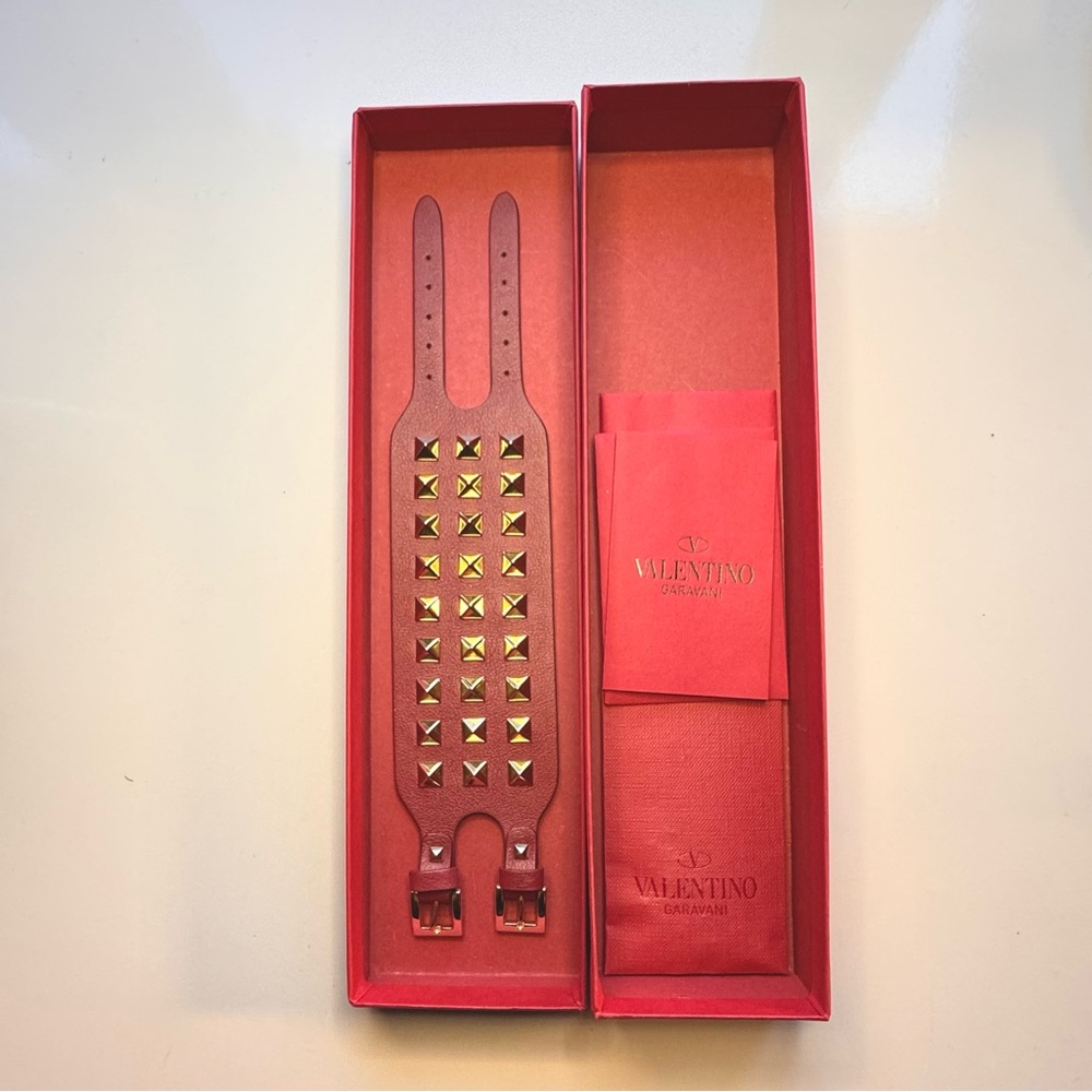 Valentino Red Leather Rockstud Cuff with Gold Accents
